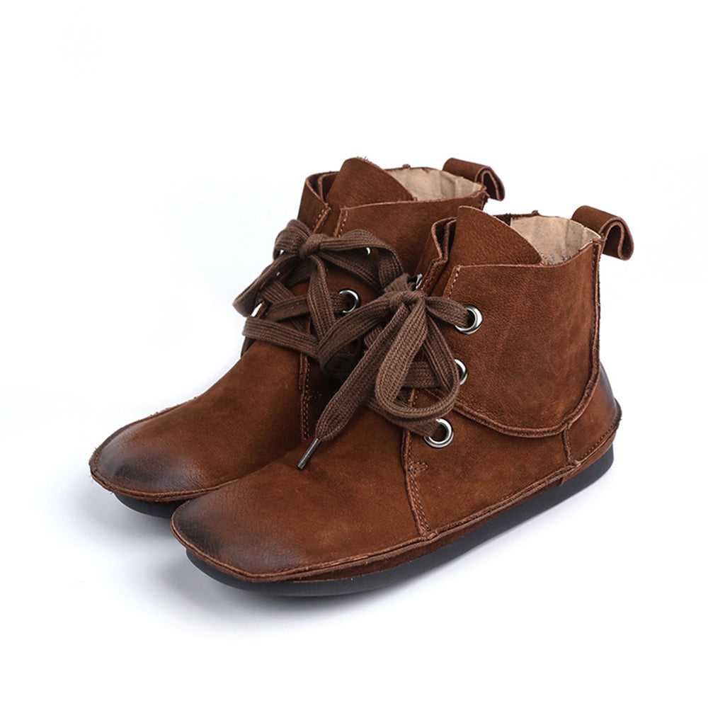 Leather Stitching Lace Up Retro Women Boots