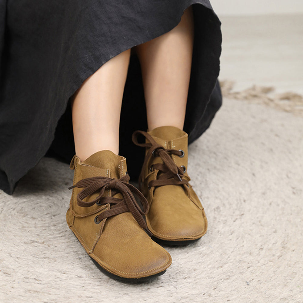 Leather Stitching Lace Up Retro Women Boots