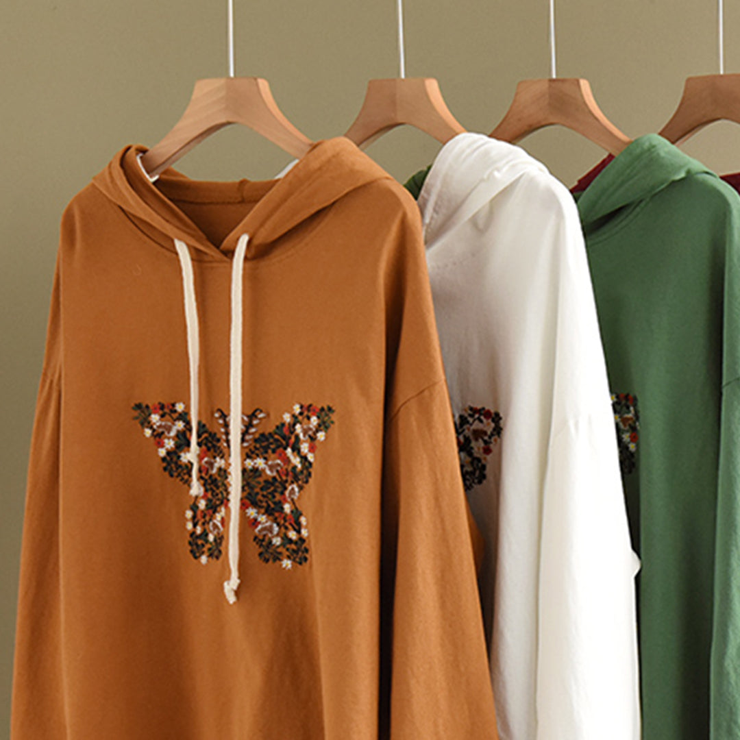 Loose Fit Butterfly Embroidered Hoodie - Luckyback