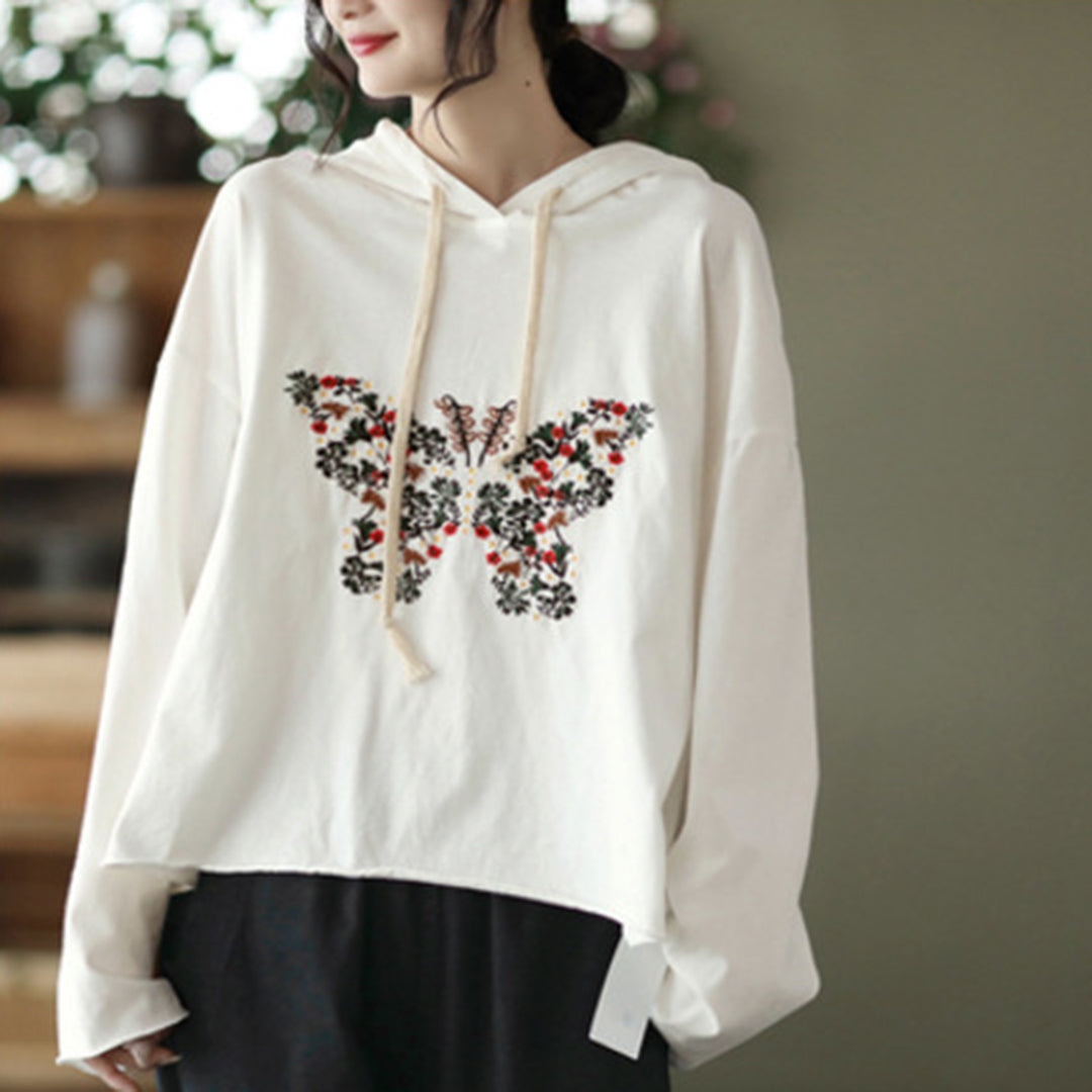 Loose Fit Butterfly Embroidered Hoodie - Luckyback