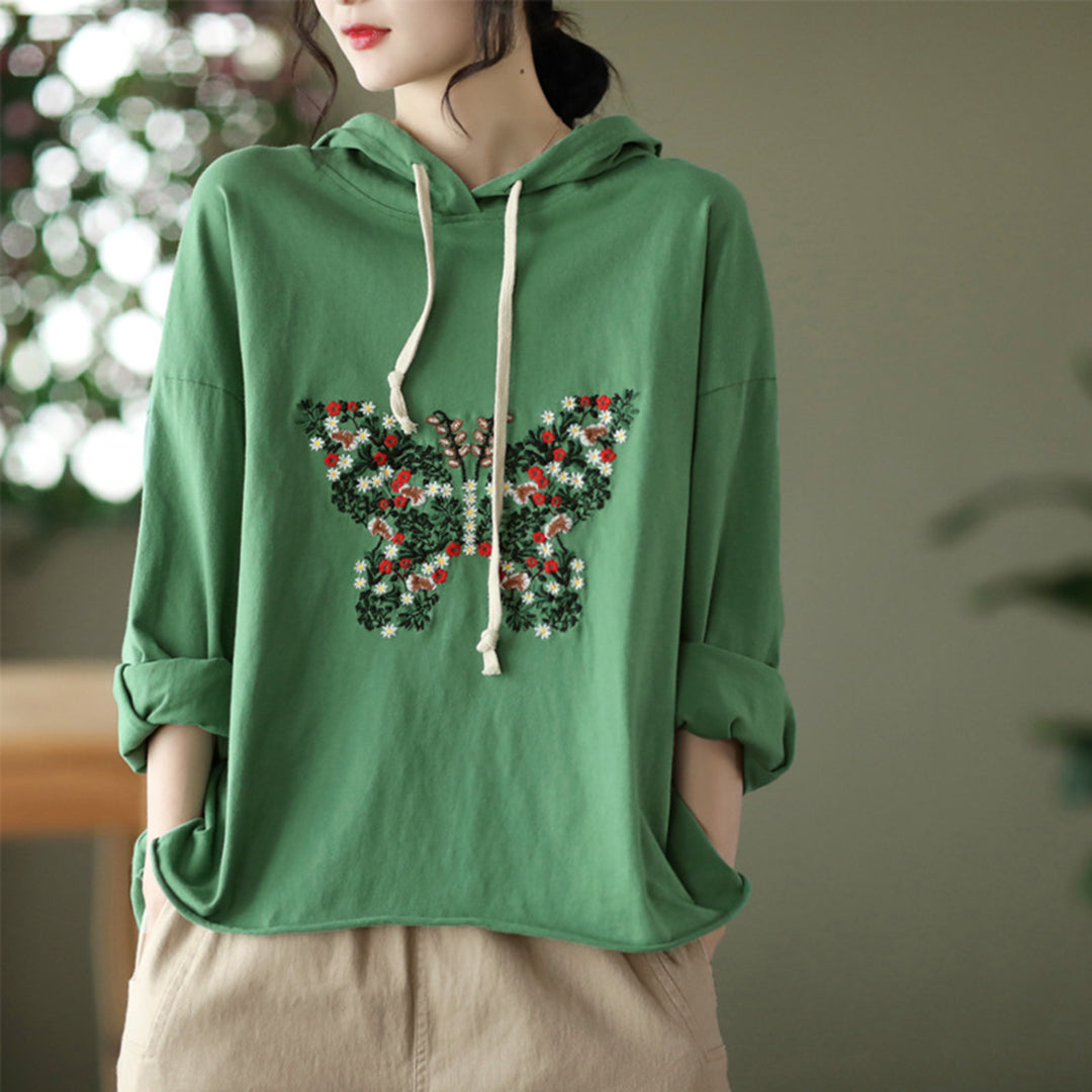 Loose Fit Butterfly Embroidered Hoodie - Luckyback