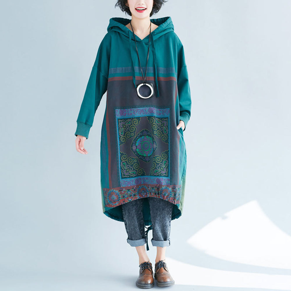 Loose Fit Casual Printed High-Low Hooded Dress