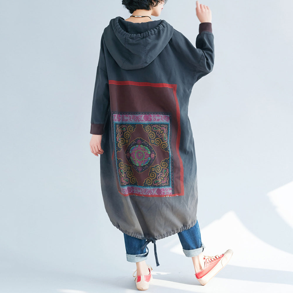 Loose Fit Casual Printed High-Low Hooded Dress