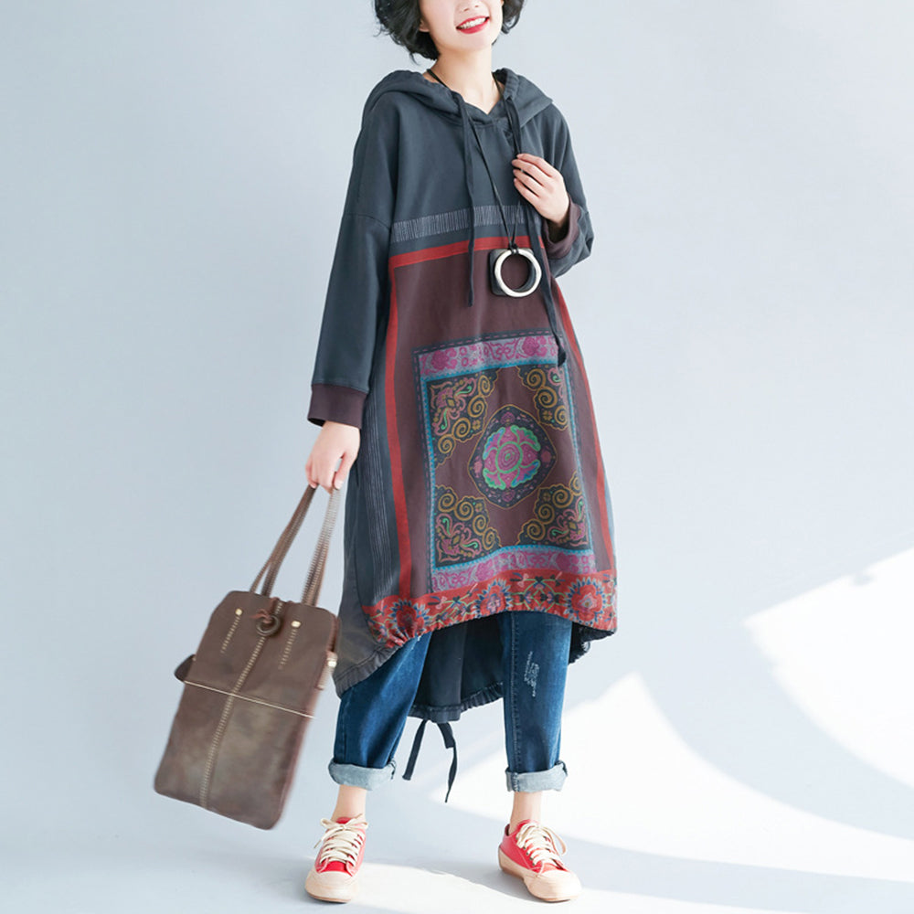 Loose Fit Casual Printed High-Low Hooded Dress