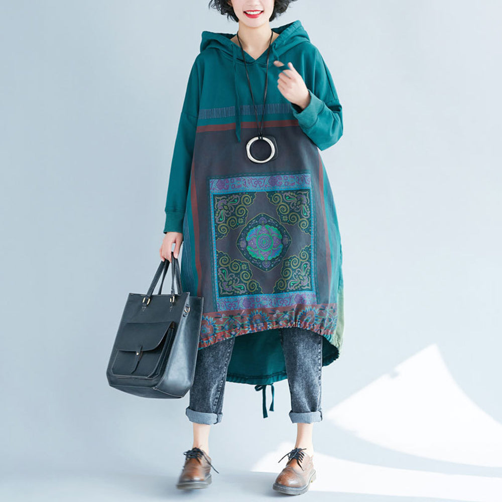 Loose Fit Casual Printed High-Low Hooded Dress
