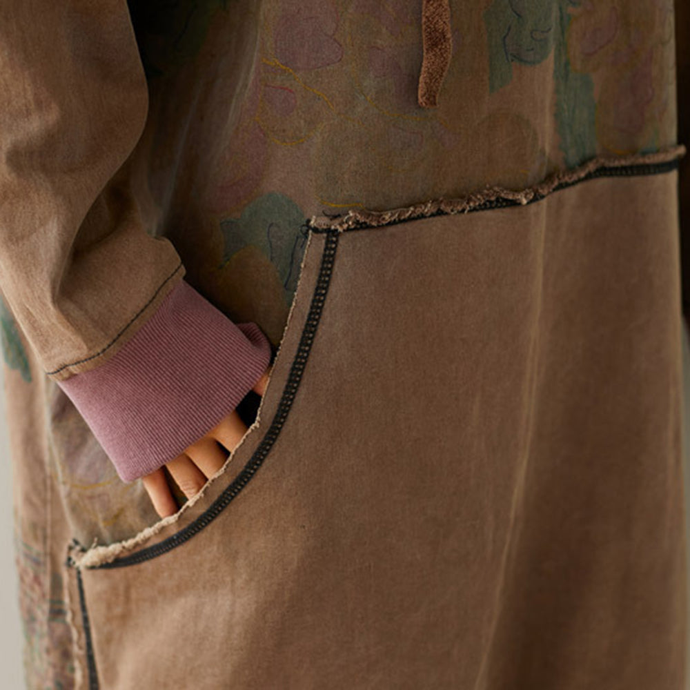 Loose Fit High-Low Printed Hooded Dress With Large Pocket