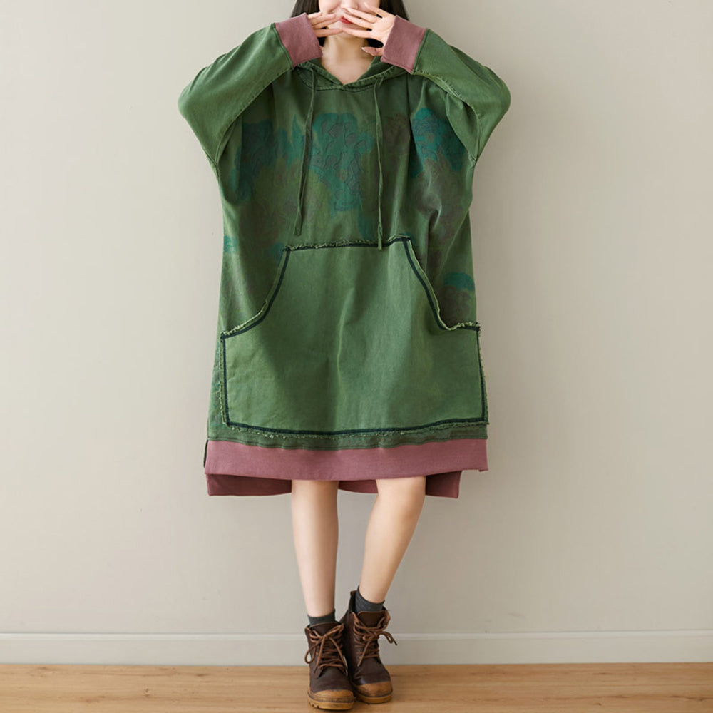 Loose Fit High-Low Printed Hooded Dress With Large Pocket