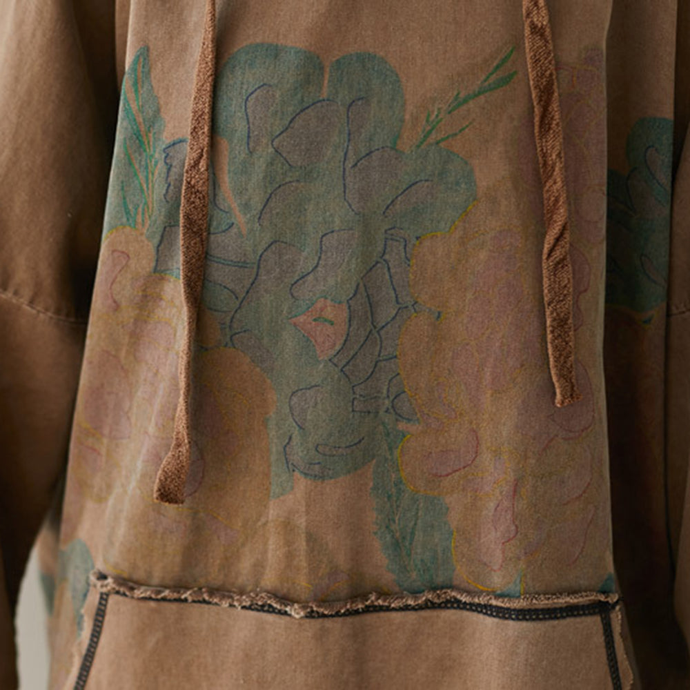 Loose Fit High-Low Printed Hooded Dress With Large Pocket