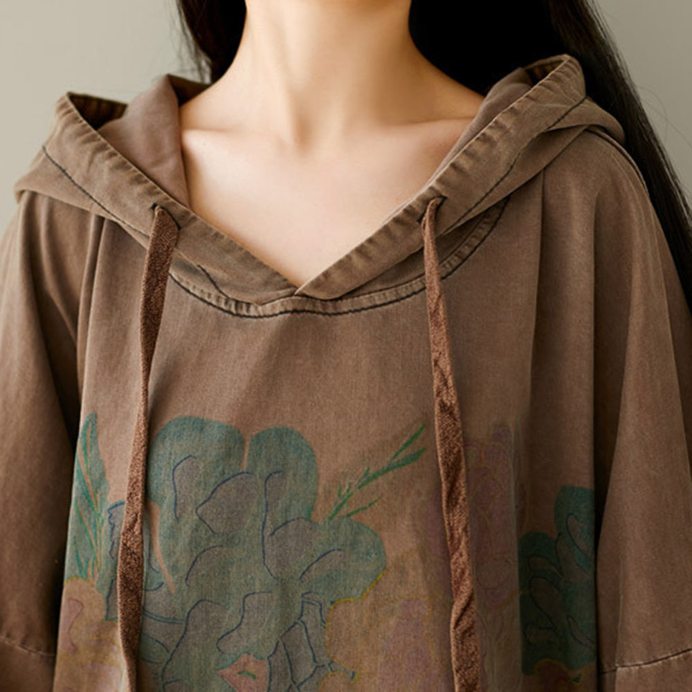 Loose Fit High-Low Printed Hooded Dress With Large Pocket