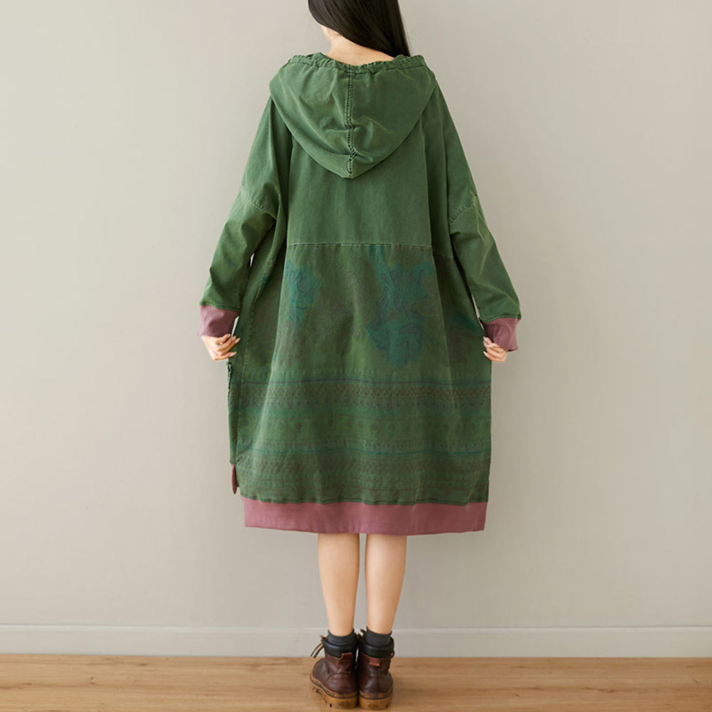 Loose Fit High-Low Printed Hooded Dress With Large Pocket