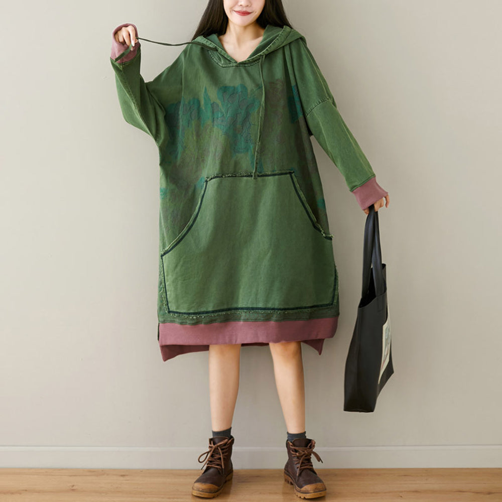 Loose Fit High-Low Printed Hooded Dress With Large Pocket