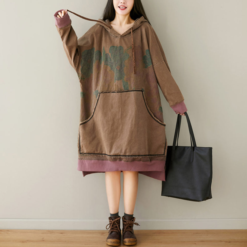 Loose Fit High-Low Printed Hooded Dress With Large Pocket
