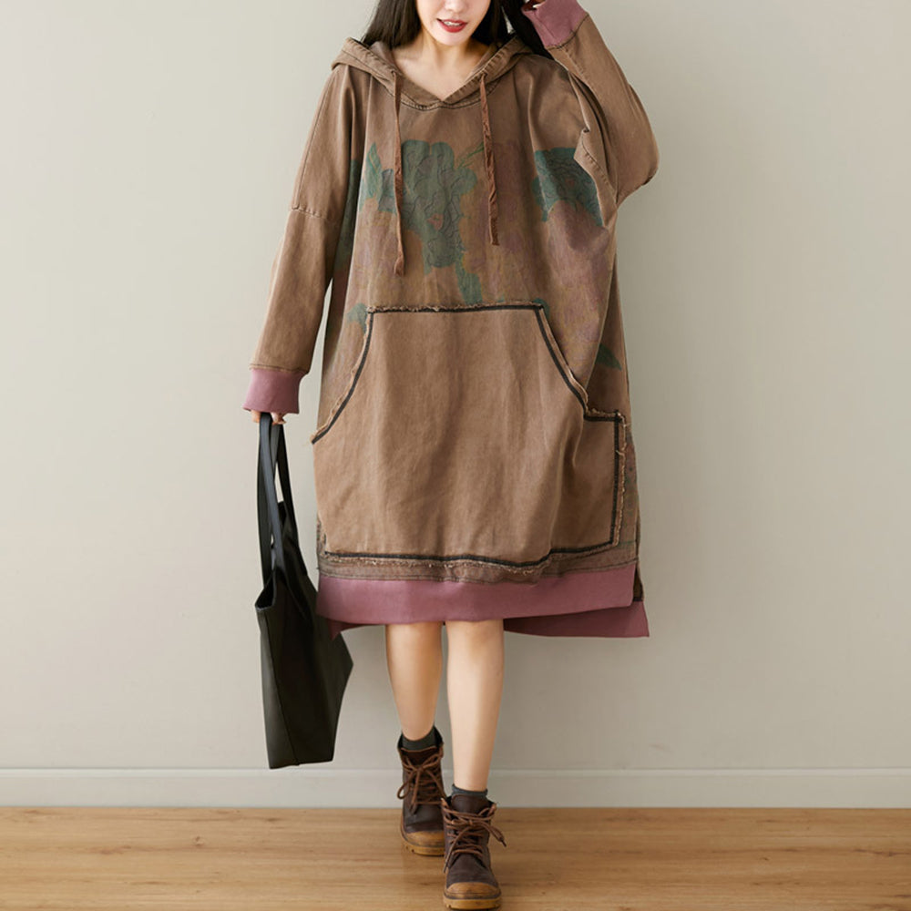 Loose Fit High-Low Printed Hooded Dress With Large Pocket