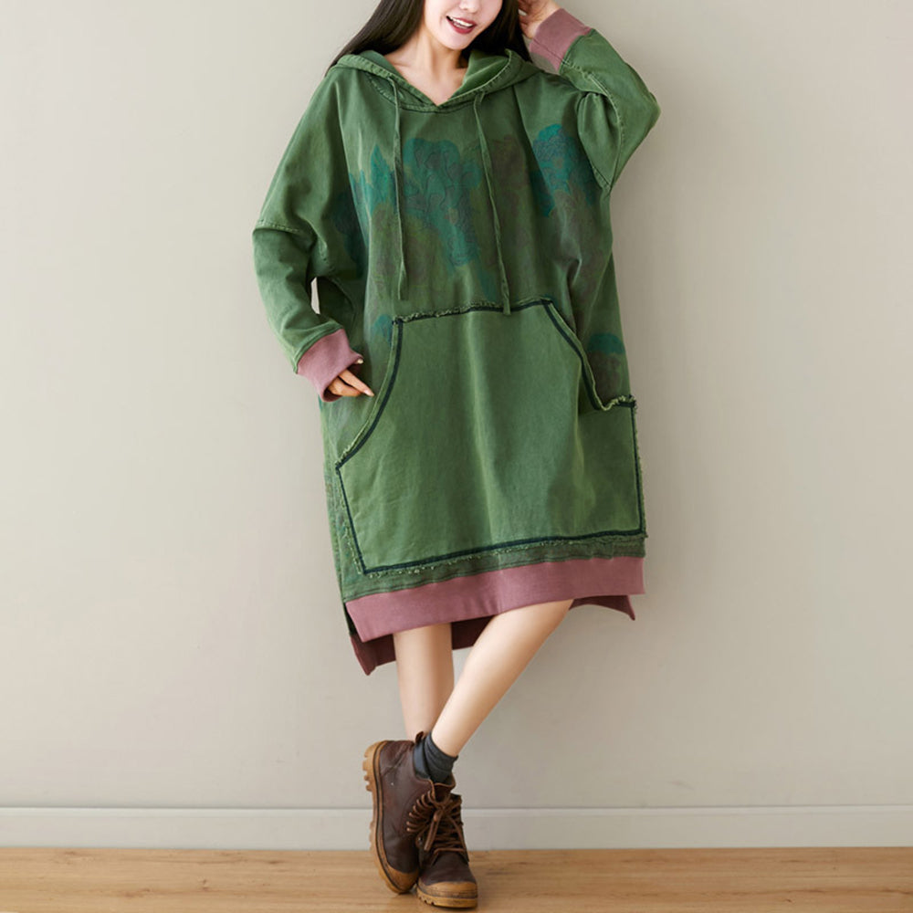Loose Fit High-Low Printed Hooded Dress With Large Pocket