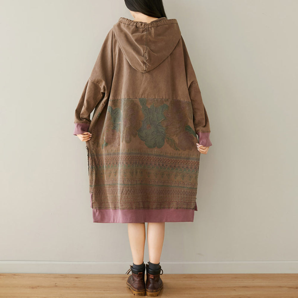 Loose Fit High-Low Printed Hooded Dress With Large Pocket