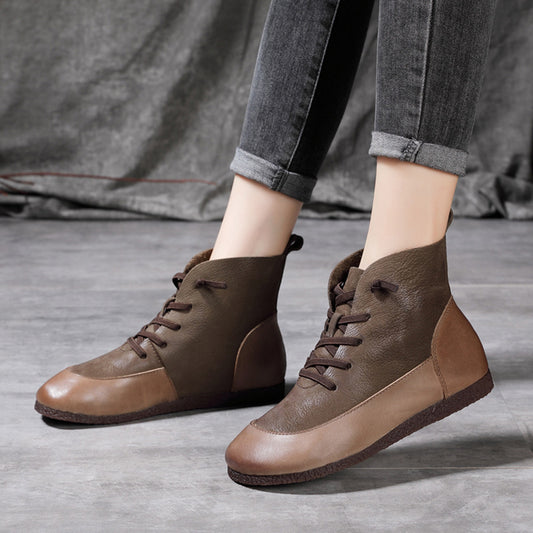 Retro Spliced Flat Leather Boots - Luckyback