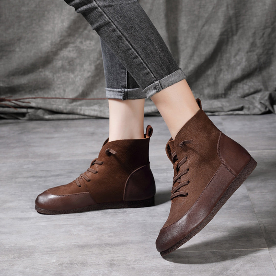 Retro Spliced Flat Leather Boots - Luckyback