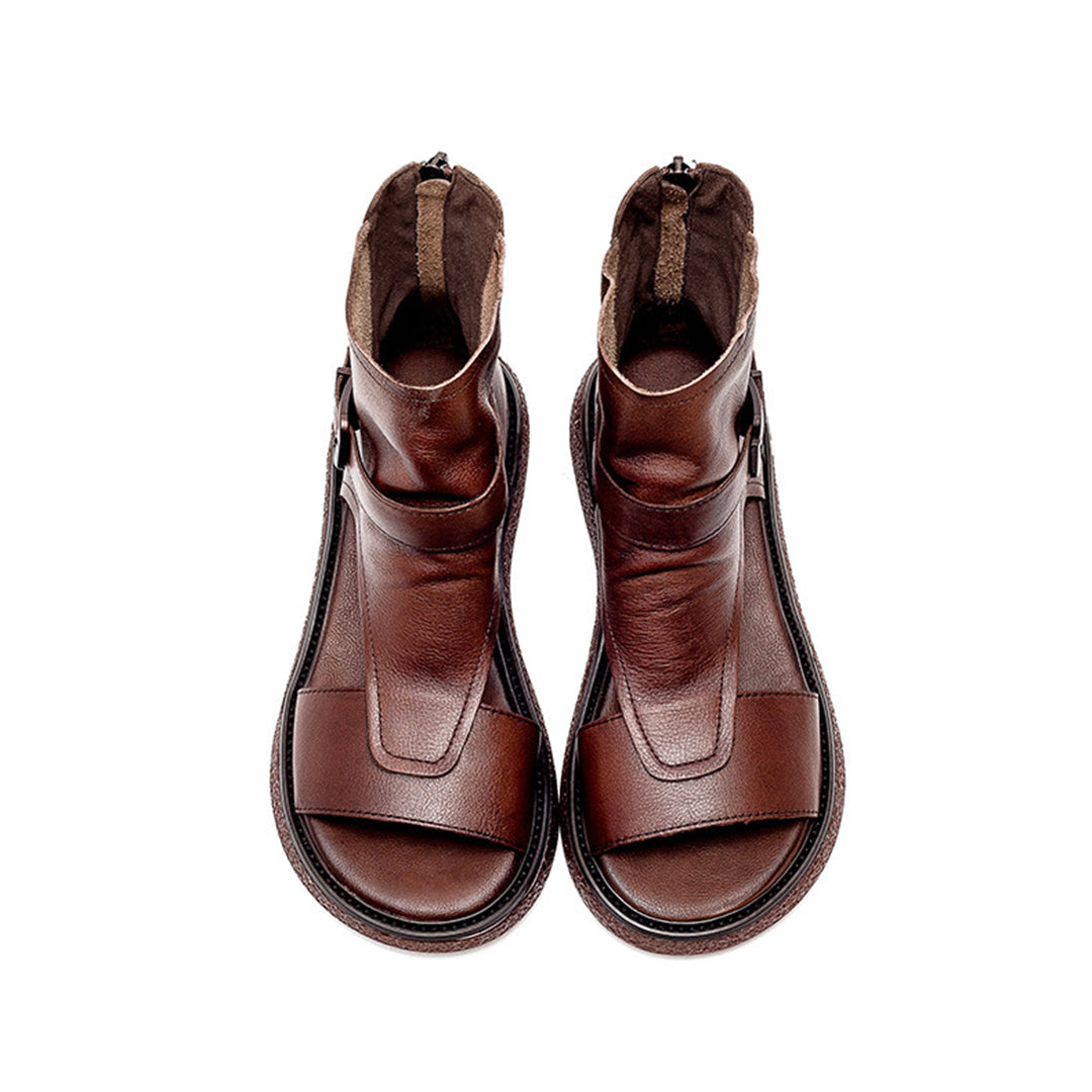 Peep Toe Flat Leather Shoes With Zippers - Luckyback