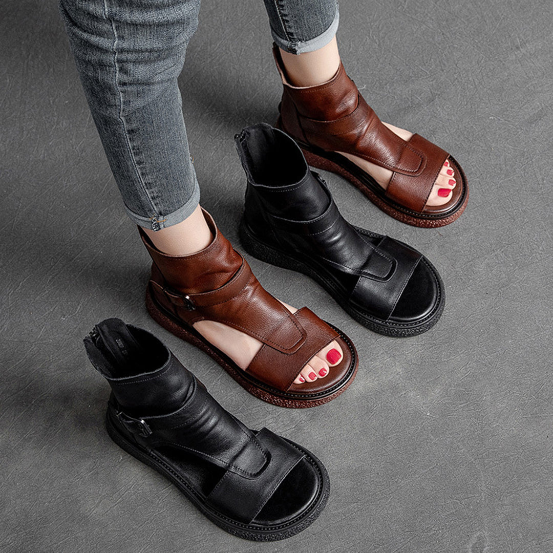 Peep Toe Flat Leather Shoes With Zippers - Luckyback