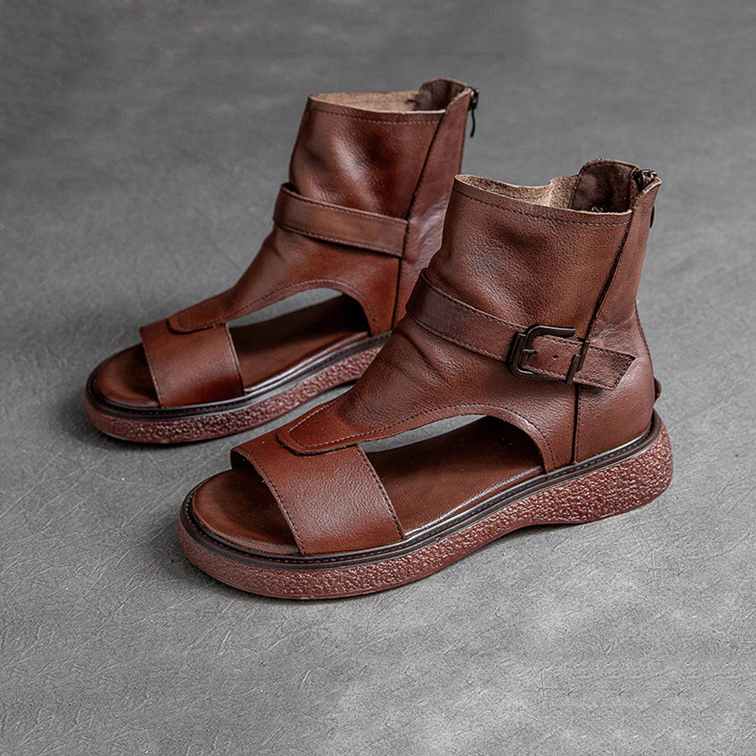 Peep Toe Flat Leather Shoes With Zippers - Luckyback