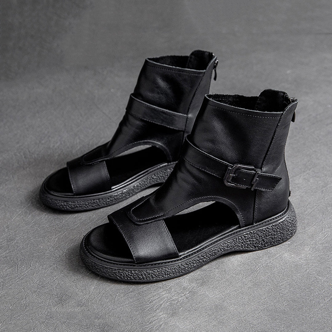 Peep Toe Flat Leather Shoes With Zippers - Luckyback