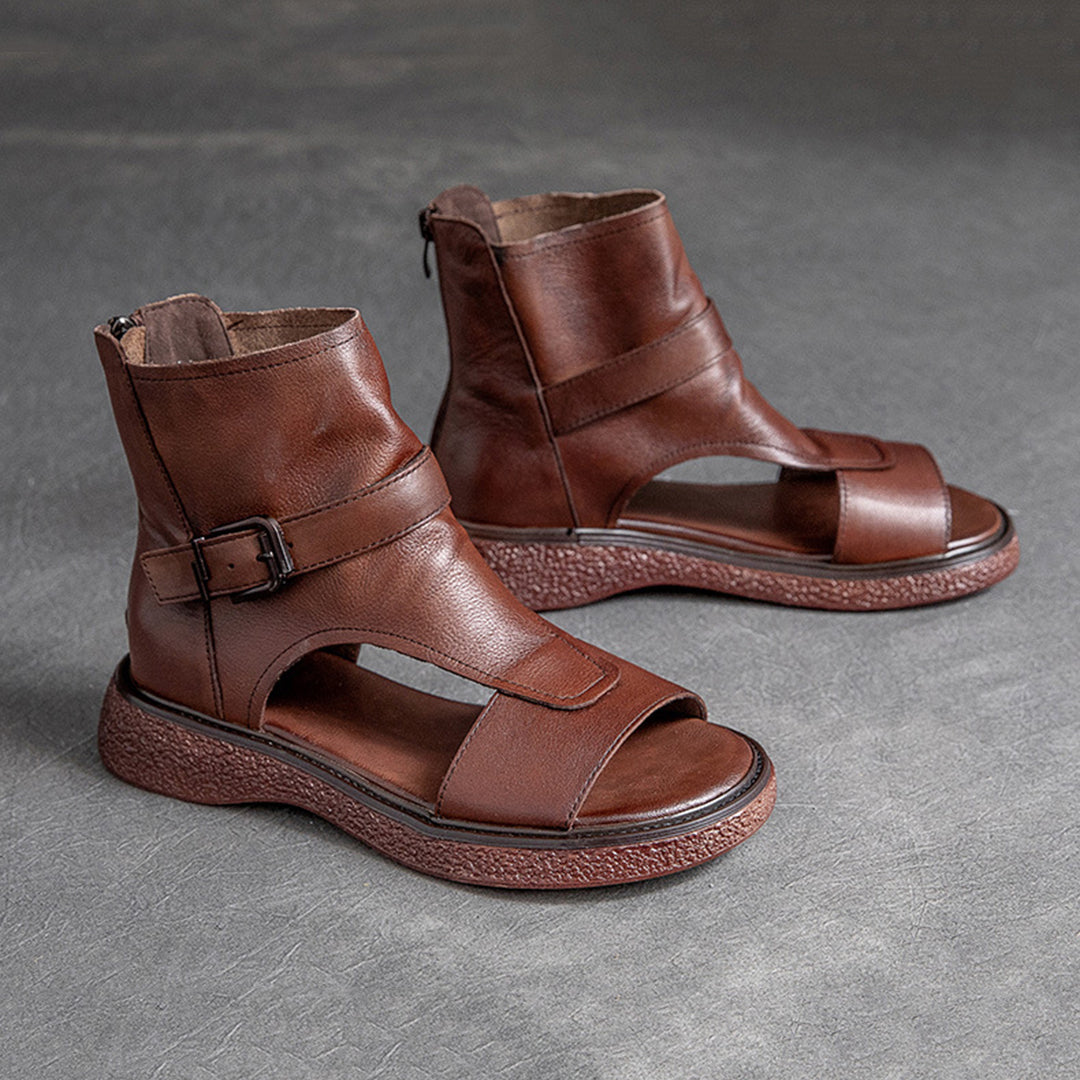 Peep Toe Flat Leather Shoes With Zippers - Luckyback