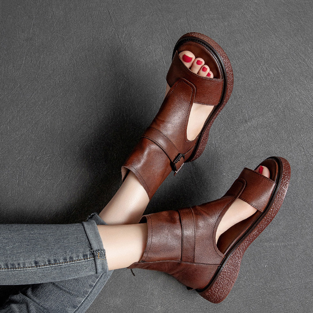 Peep Toe Flat Leather Shoes With Zippers - Luckyback