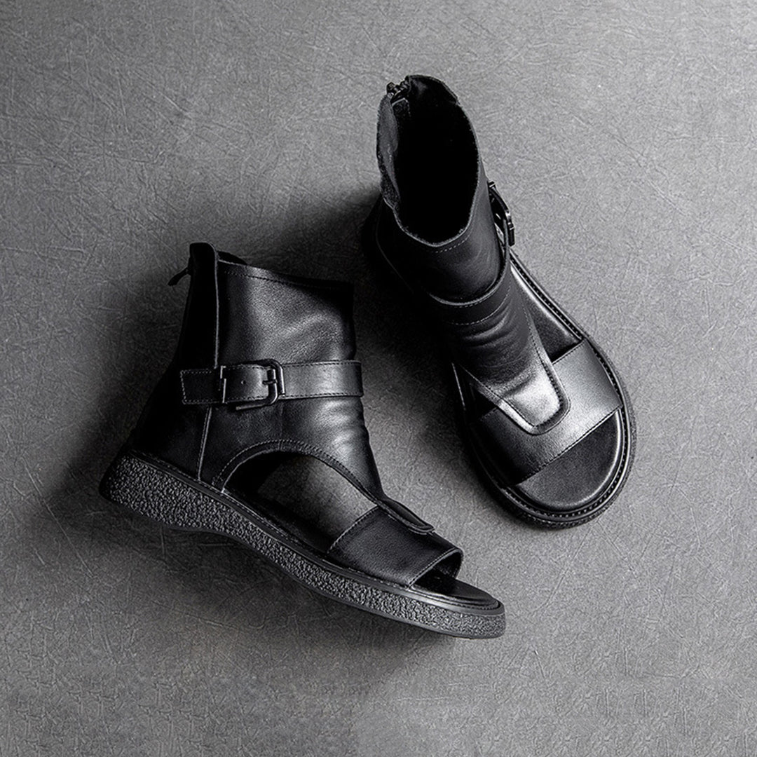 Peep Toe Flat Leather Shoes With Zippers - Luckyback