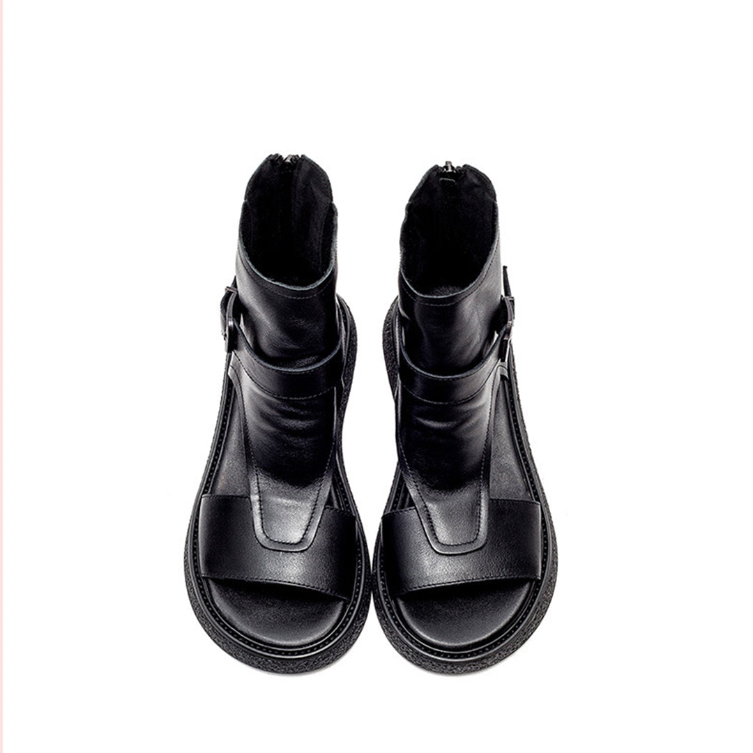 Peep Toe Flat Leather Shoes With Zippers - Luckyback