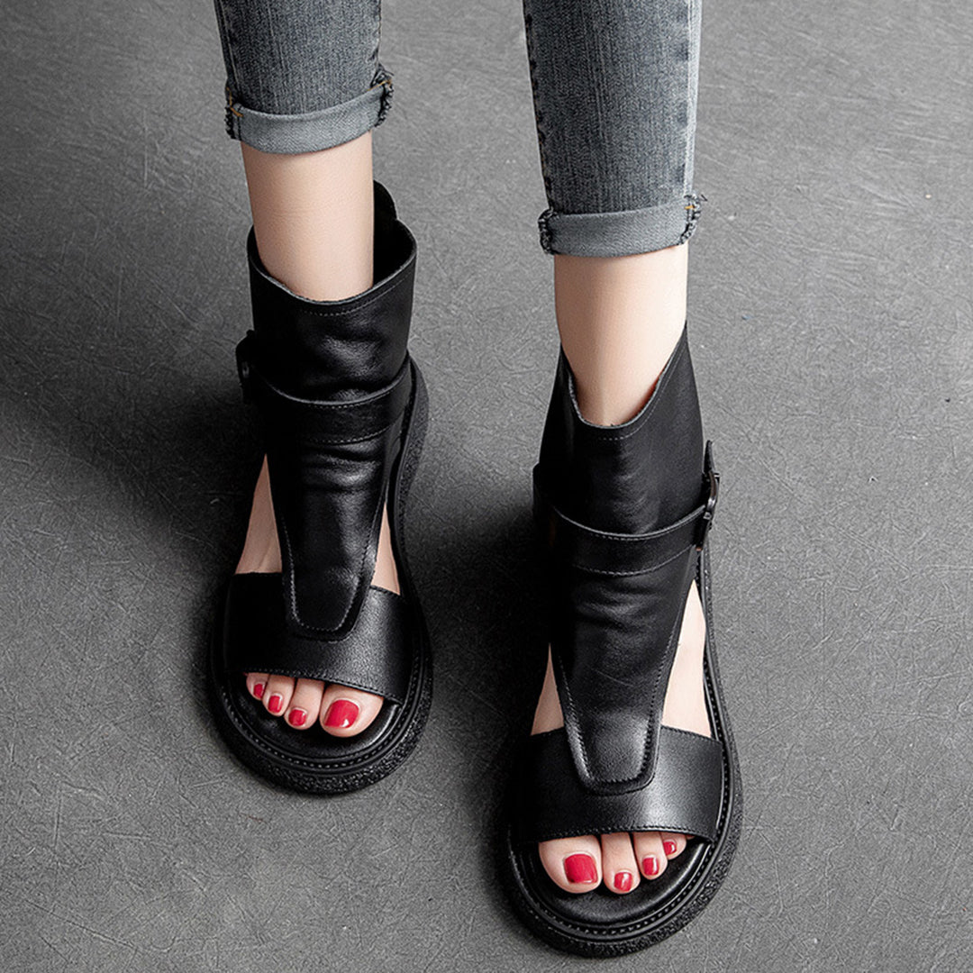 Peep Toe Flat Leather Shoes With Zippers - Luckyback