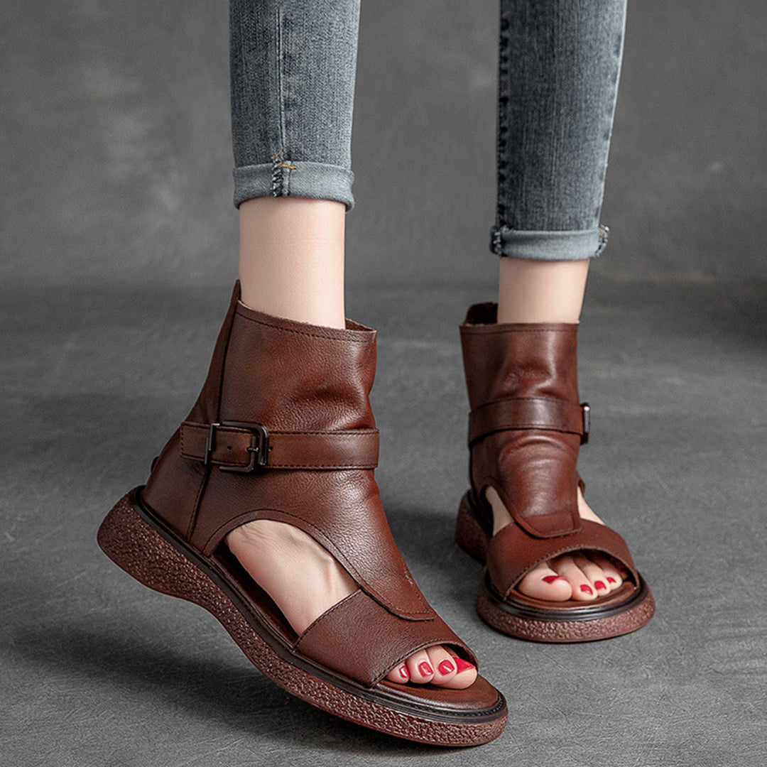 Peep Toe Flat Leather Shoes With Zippers - Luckyback