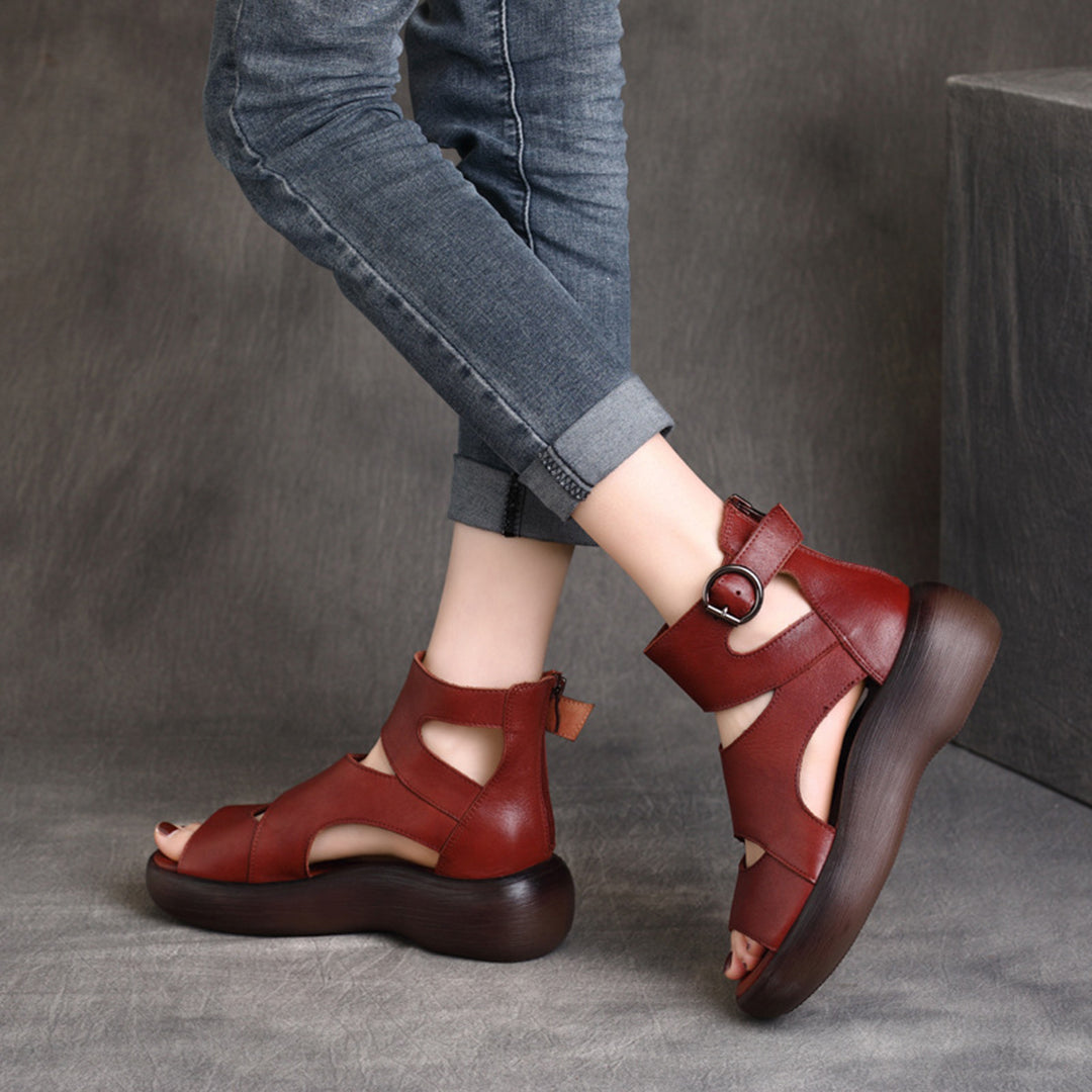 Peep Toe Mid Heel Leather Sandals - Luckyback