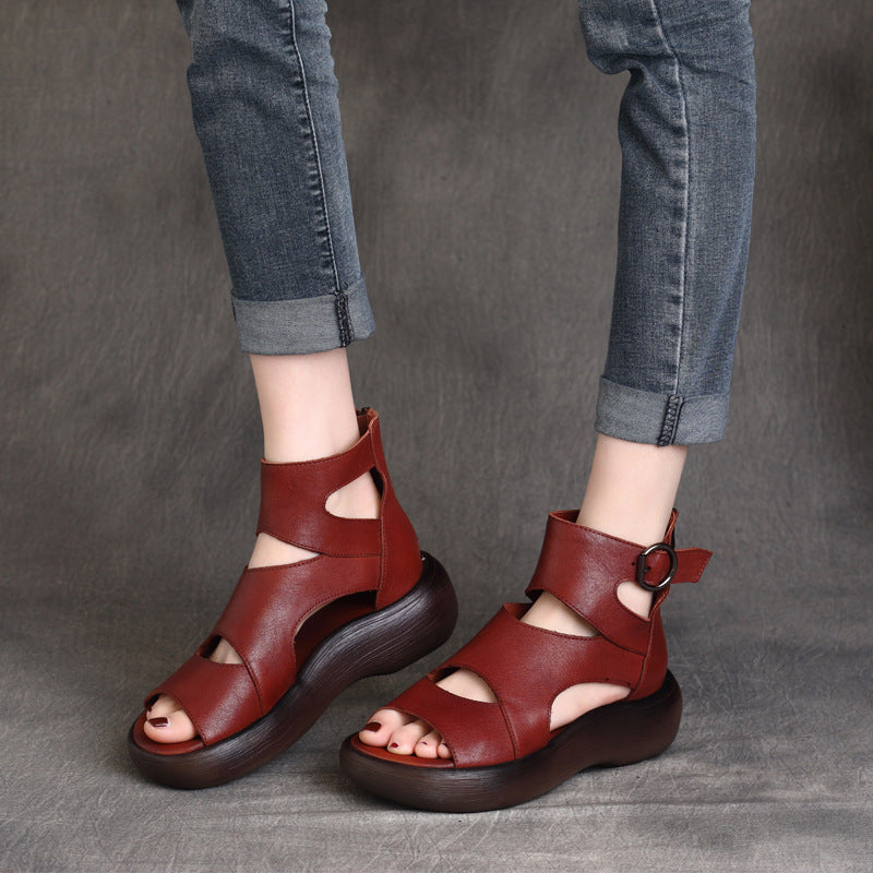 Peep Toe Mid Heel Leather Sandals - Luckyback