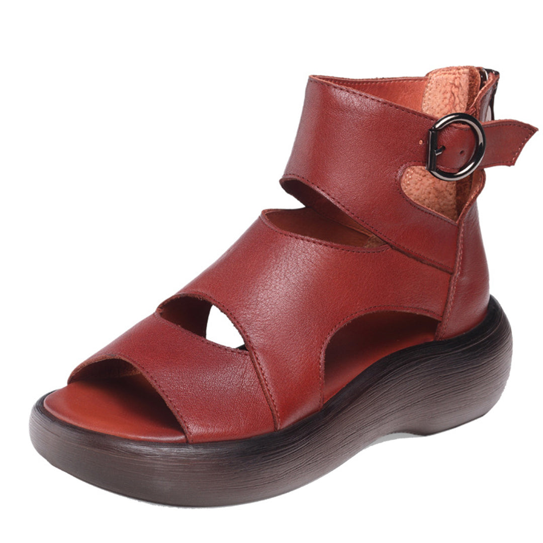 Peep Toe Mid Heel Leather Sandals - Luckyback