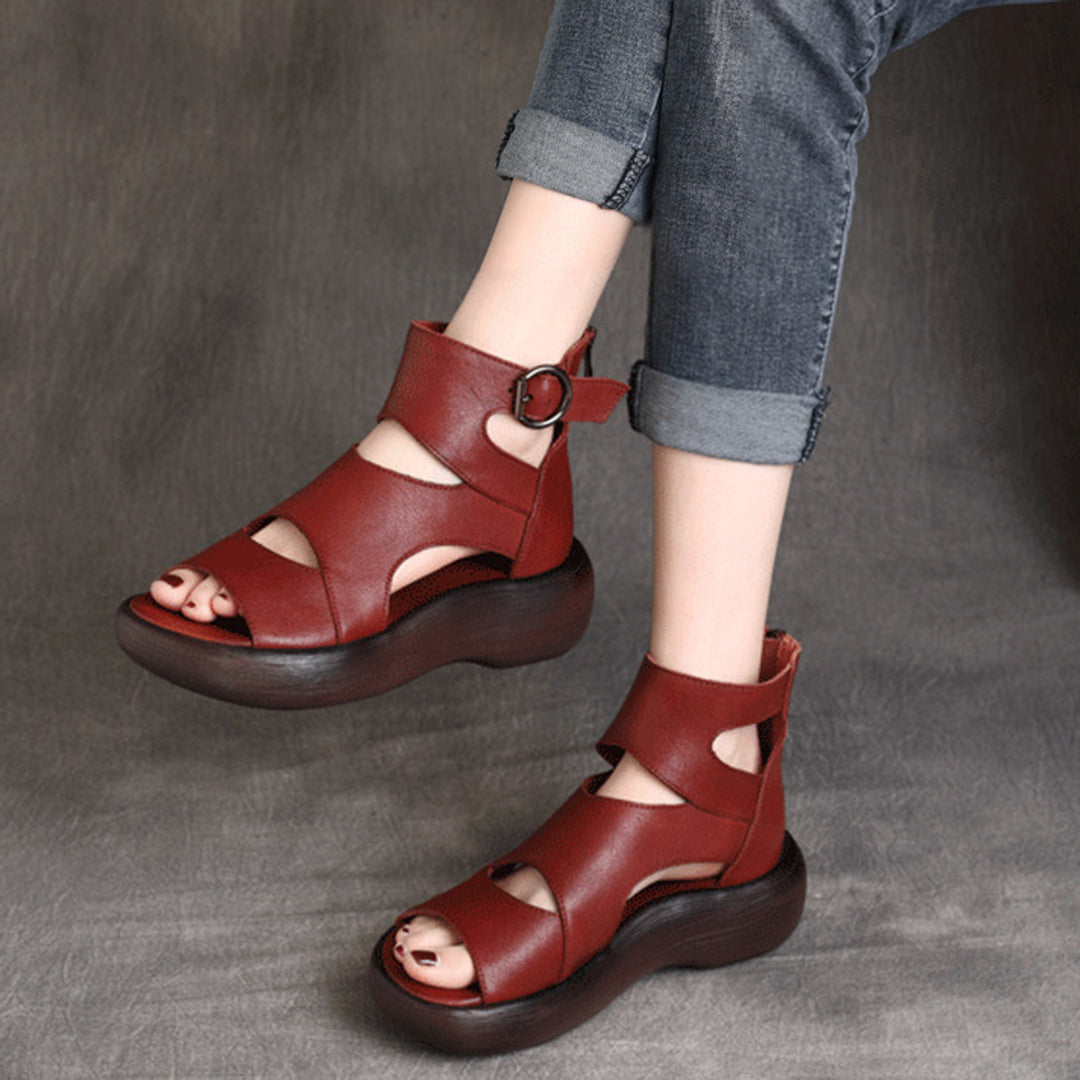 Peep Toe Mid Heel Leather Sandals - Luckyback