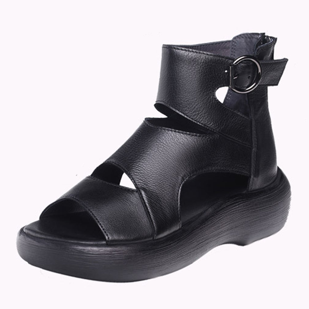 Peep Toe Mid Heel Leather Sandals - Luckyback