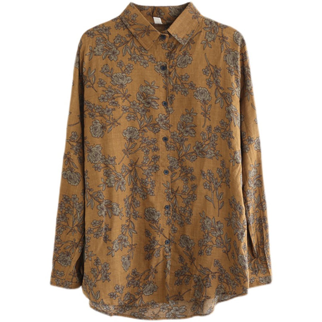 Plants Print Long-sleeved Linen Shirt