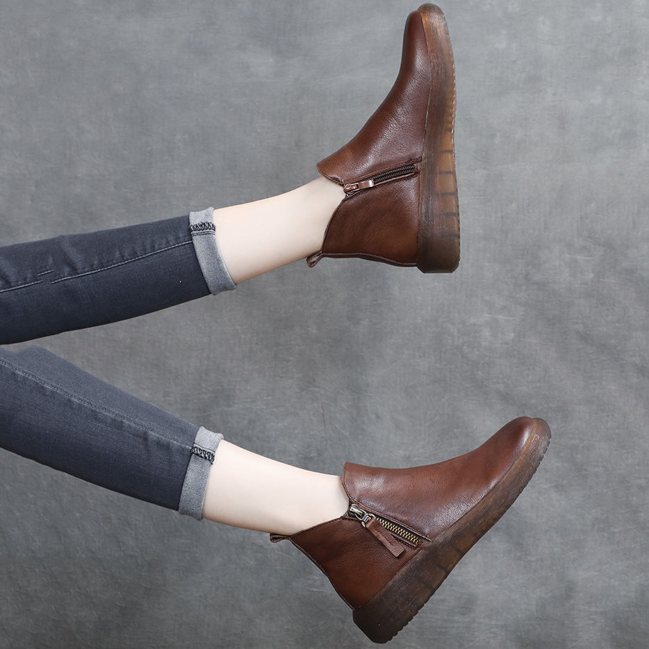 Round Toe Comfort Faux Fur Lined Leather Boots 35-43