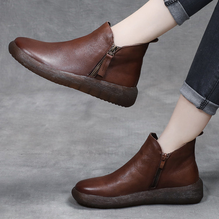 Round Toe Comfort Faux Fur Lined Leather Boots 35-43