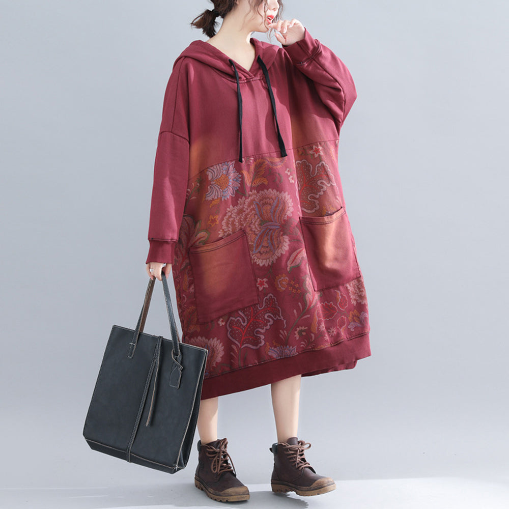 Printed Hooded Fleece Dress With Large Pockets