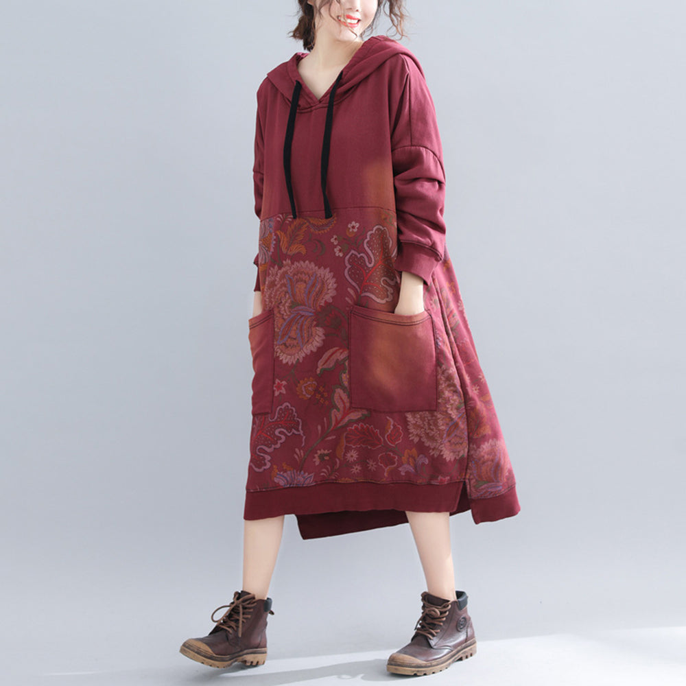 Printed Hooded Fleece Dress With Large Pockets