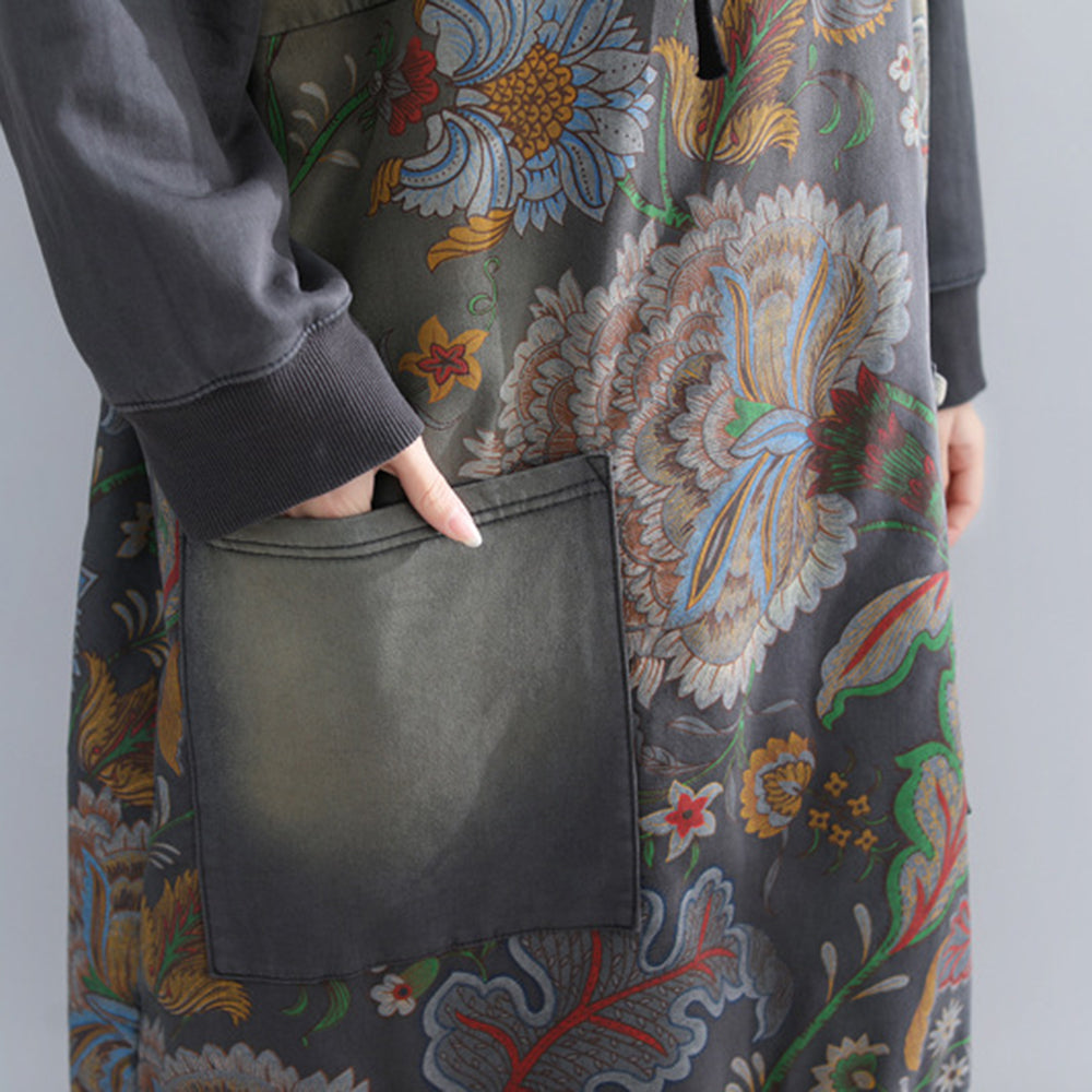 Printed Hooded Fleece Dress With Large Pockets