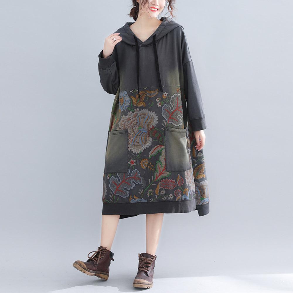 Printed Hooded Fleece Dress With Large Pockets