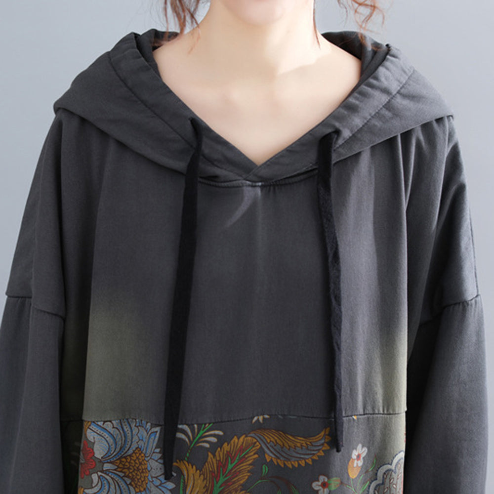 Printed Hooded Fleece Dress With Large Pockets