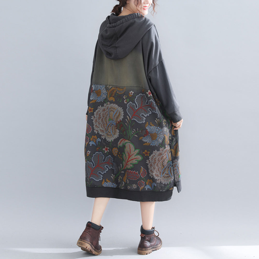 Printed Hooded Fleece Dress With Large Pockets