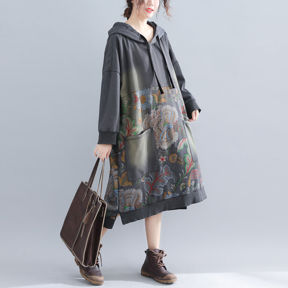 Printed Hooded Fleece Dress With Large Pockets