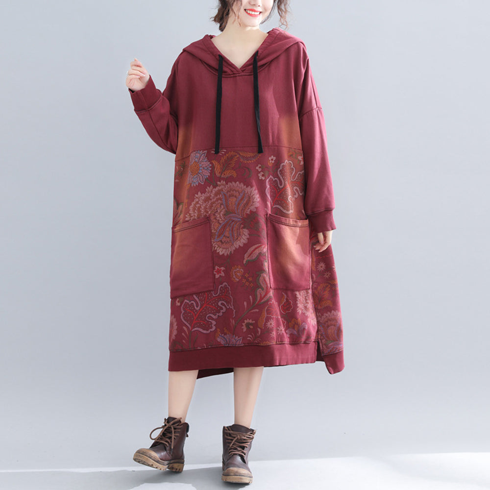 Printed Hooded Fleece Dress With Large Pockets