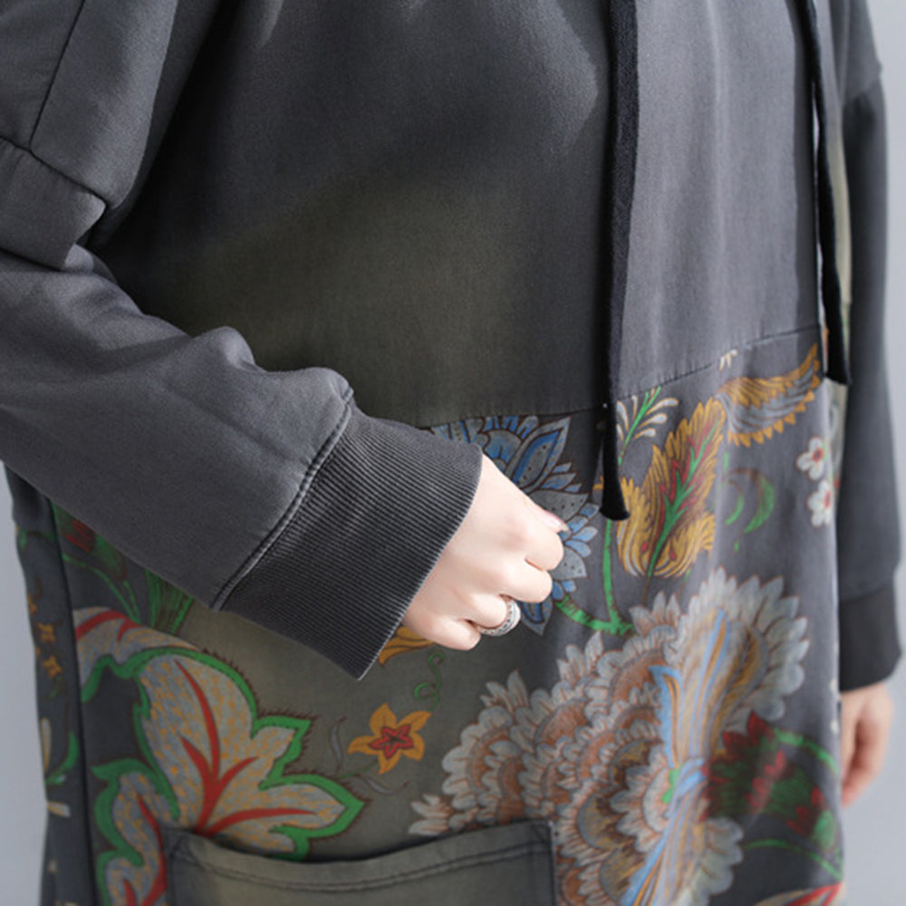 Printed Hooded Fleece Dress With Large Pockets