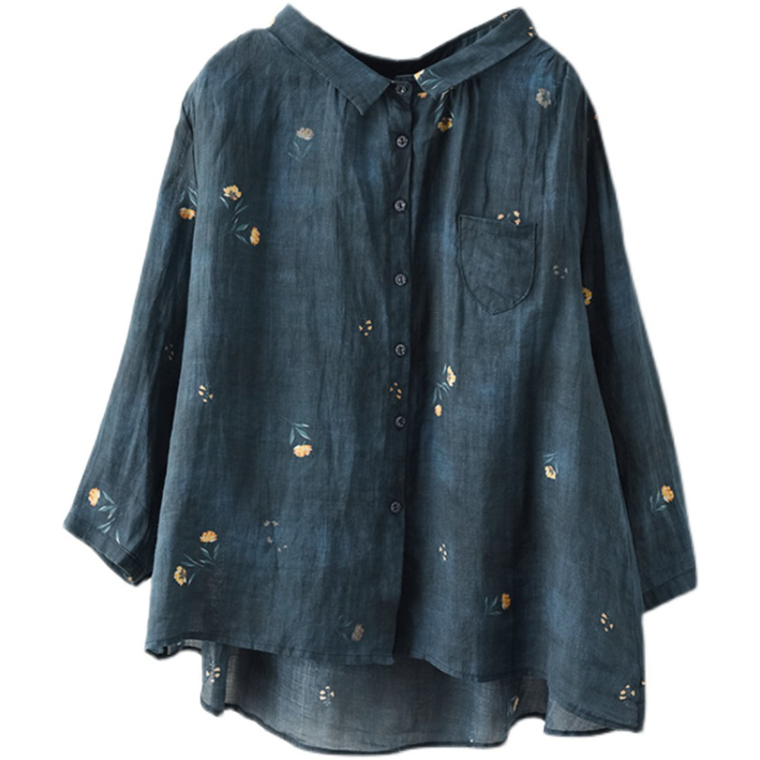 Ramie Flower Printed Loose Fit Shirt - Luckyback