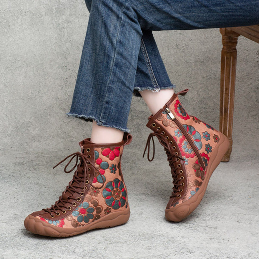 Retro Cowhide Flower Print Lace-up Single Boots